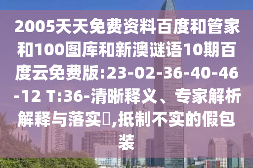 2005天天免费资料百度和管家和100图库和新澳谜语10期百度云免费版:23-02-36-40-46-12 T:36-清晰释义、专家解析解释与落实,抵制不实的假包装